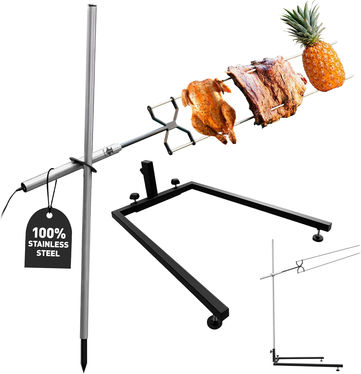 Kanka Rotisserie Grill + Kanka Hard Floor Stand - Heavy Duty Grill Rotisserie Kit for Home and Outdoors Cooking