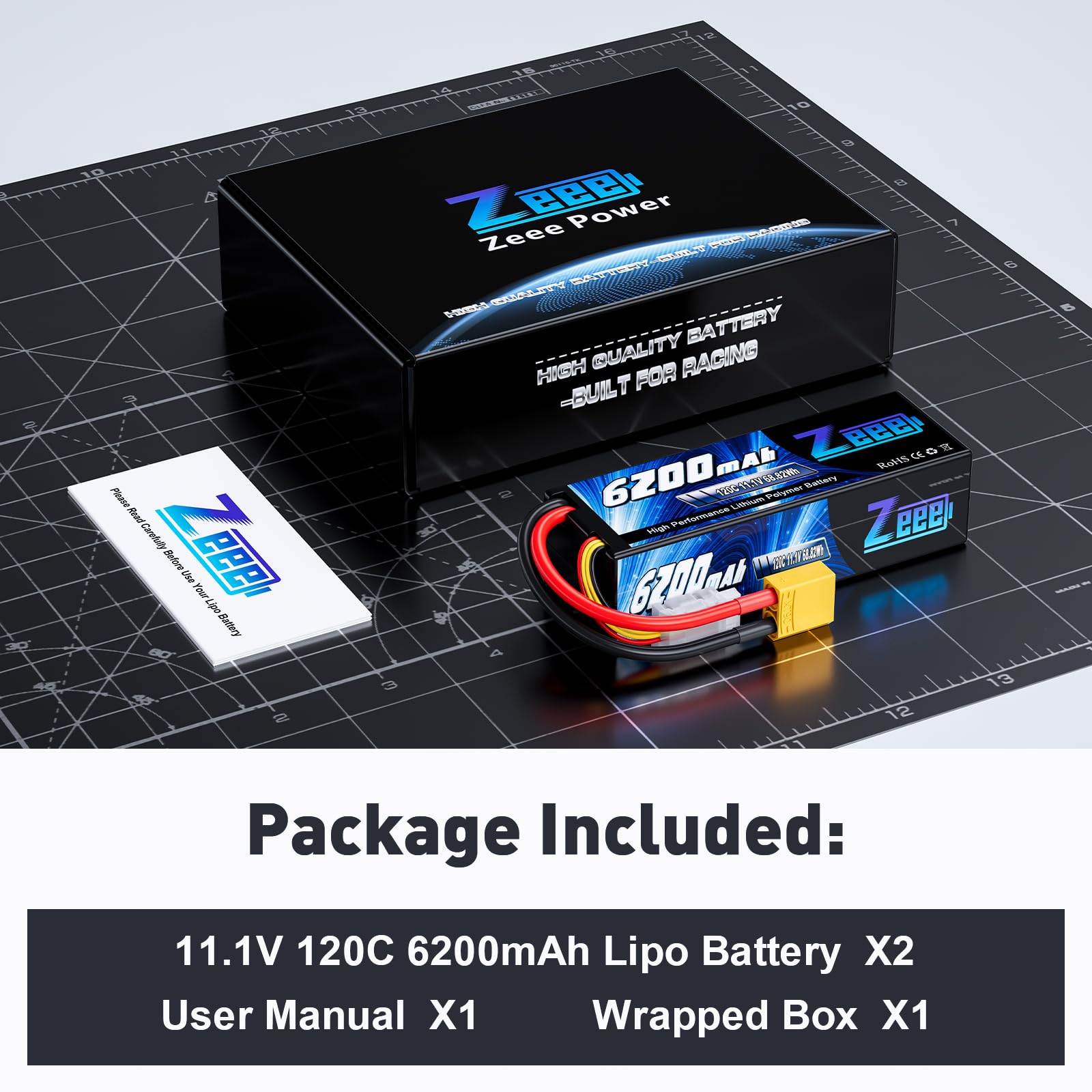 Zeee 3S Lipo Akku 11,1V 120C 6200mAh mit XT90 Stecker Hardcase RC-Akku für Fahrzeuge im Maßstab 1/8 1/10, RC-Autos, Tanklastwagen, Rennmodelle (2Pack)