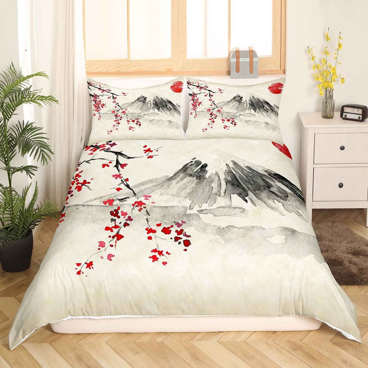 Housse de couette japonaise ukiyoe rouge et marron avec parure de lit sakura