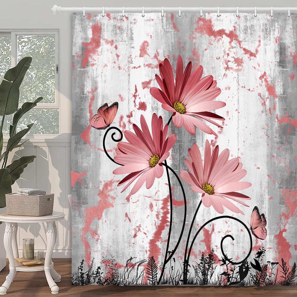 ZJRBJB Cortina De Ducha Floral Roja Y Gris Para Decoración De Baño, Elegante Margaritas Silvestres, Estilo Granja, Flores Botánicas, Cortina De Baño Vintage Con 12 Ganchos, 72 X 96 Pulgadas