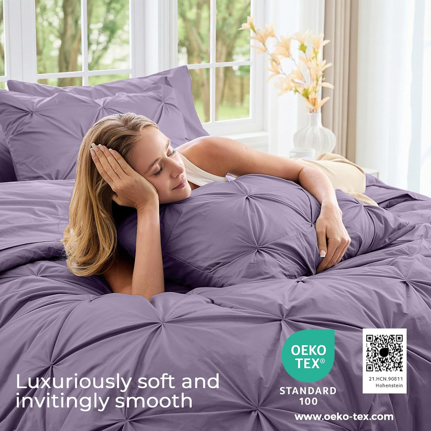 Sasttie Twin Comforter Set, 5-Piece Bed in a Bag, Pintuck Bedding Sets for All Season, Includes Comforter, Flat Sheet, Fitted Sheet, Pillowcase and Pillowsham, New Purple thumbnail