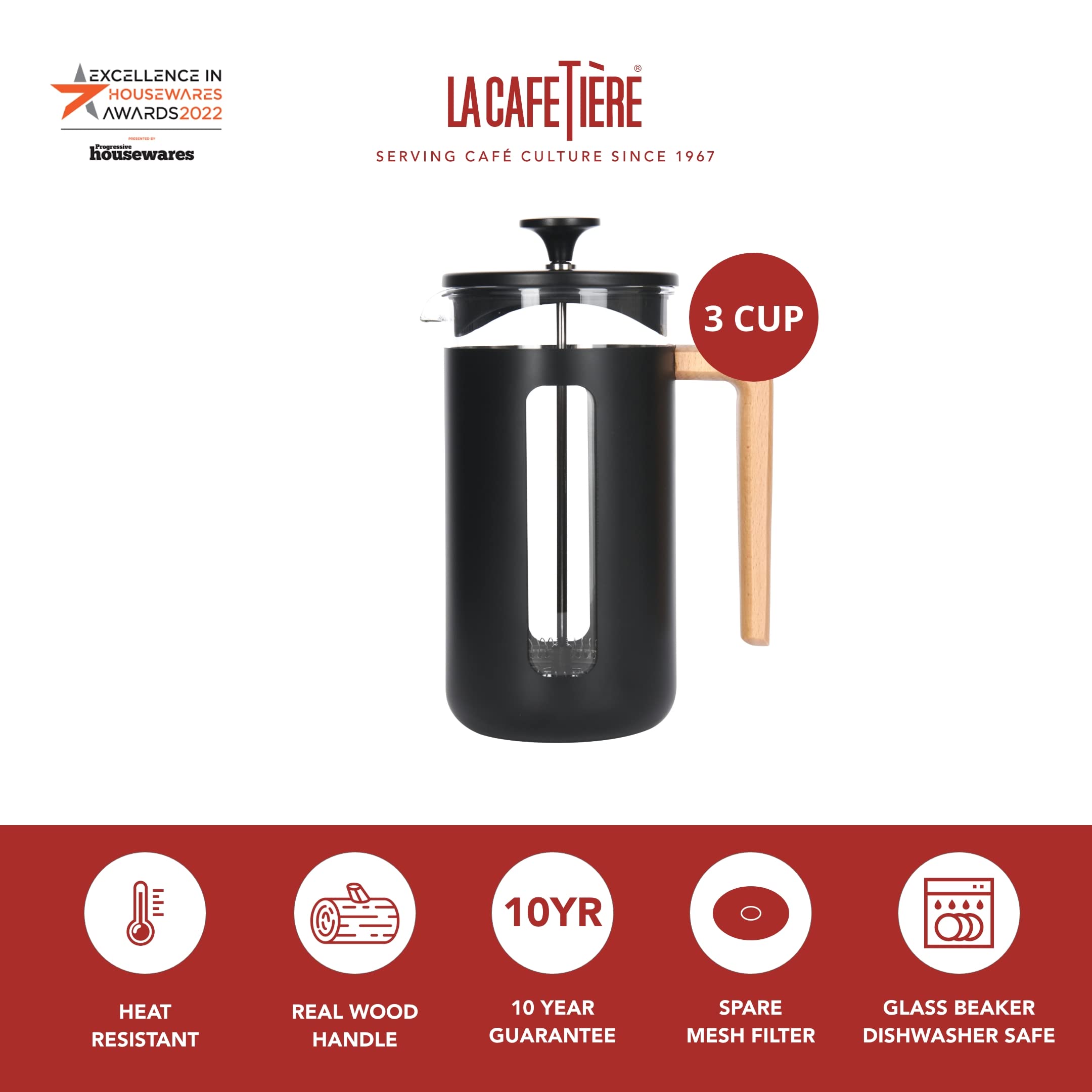 La Cafetière Pisa Stainless Steel Cafetière, Three Cup, Black, Gift Boxed