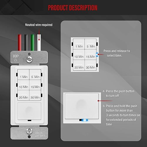 Miniatura 4 de ENERLITES Interruptor temporizador de cuenta regresiva para ventiladores de baño y luces domésticas, placa de pared, interruptor de palanca