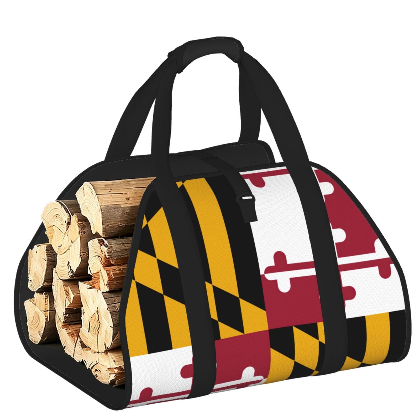 Maryland State Flag Printed Firewood Log Carrier, Large Tote Bag with Reinforced Handles for Camping Fireplace Home