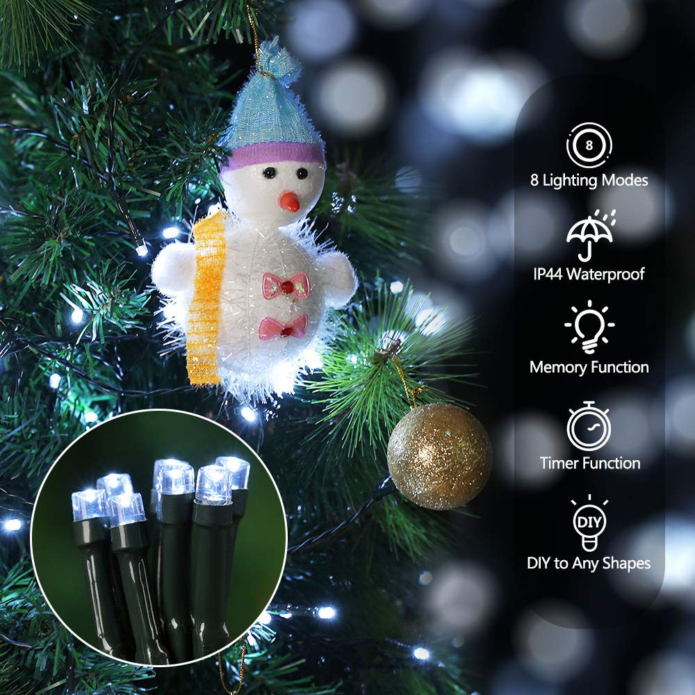 BrizLabs Luci Natalizie Esterno 10M 100 LED Luci Stringa a Batteria 8 Modalità Impermeabile Cavo Verde Catena Luminosa Decorazioni Natalizie per Giardino, Albero di Natale, Matrimonio, Bianco Freddo