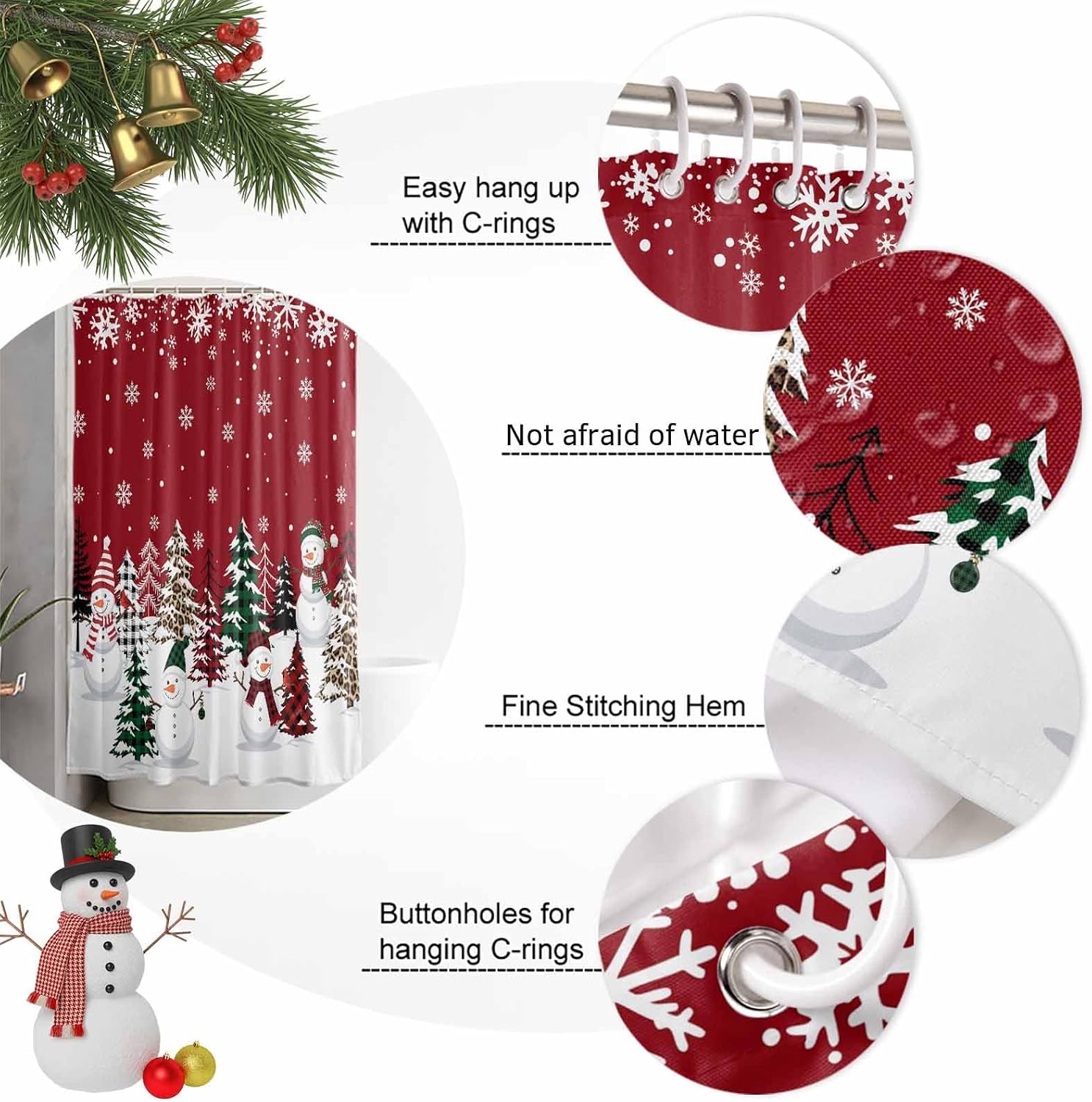 Red Christmas Snowman Shower Curtain Set - Standard 72" x 72" Xmas Tree Washable Bathtub Curtain, Winter Snowflake Waterproof Fabric Stall Shower Curtains for Bathroom/Bathtub Décor