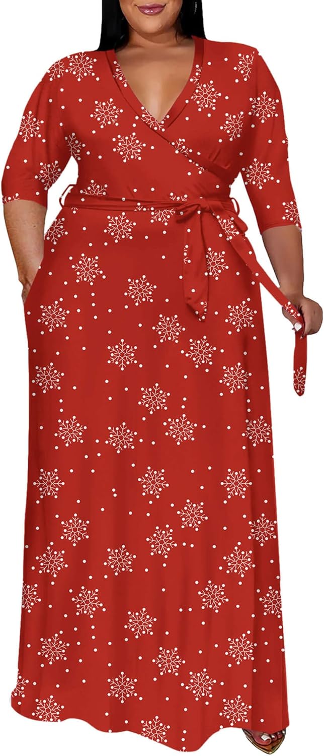 Runwind Plus Size Dress for Women - 3/4 Sleeve V Neck Maxi Dresses for Women (XL-6XL)