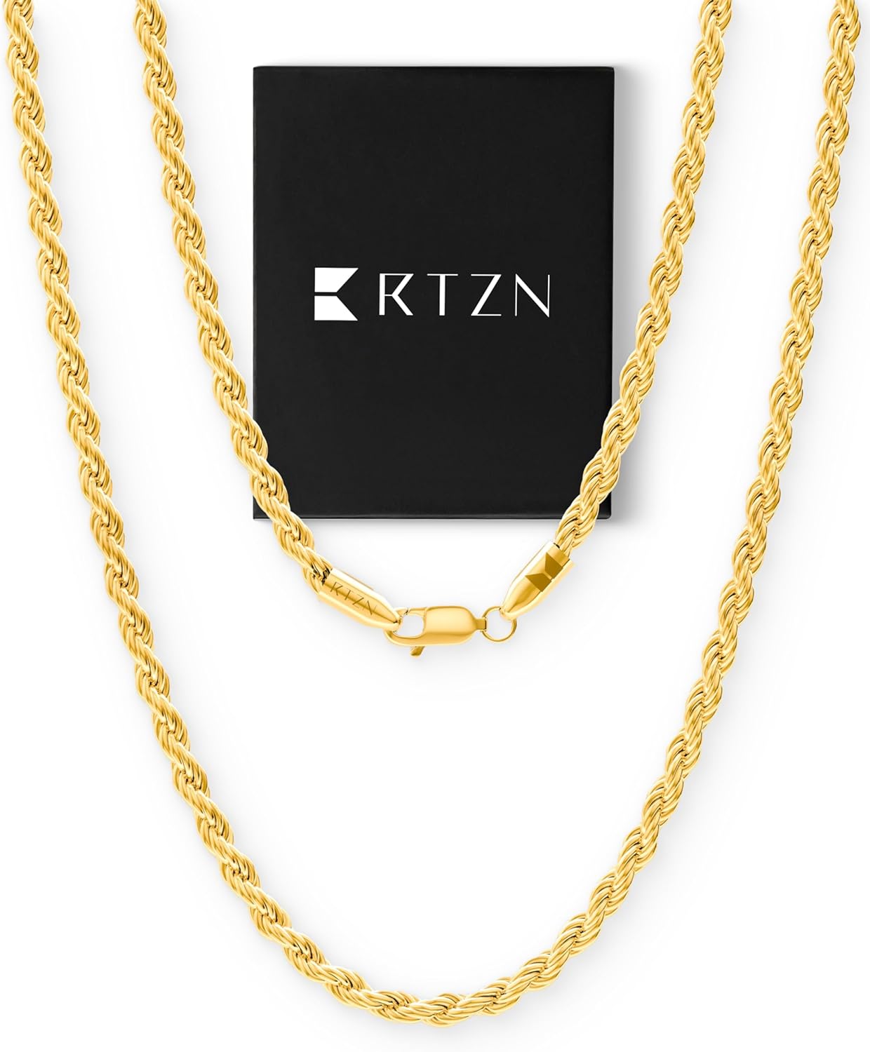 RTZN® Gold Rope Chain for Men – 3mm, 4mm Mens Rope Chain – Premium Stainless Steel Necklace for Men & Boys – Non-Tarnish & Waterproof Black, Silver, Gold Mens Chain Necklaces – 18/20/22/24/26" Inches