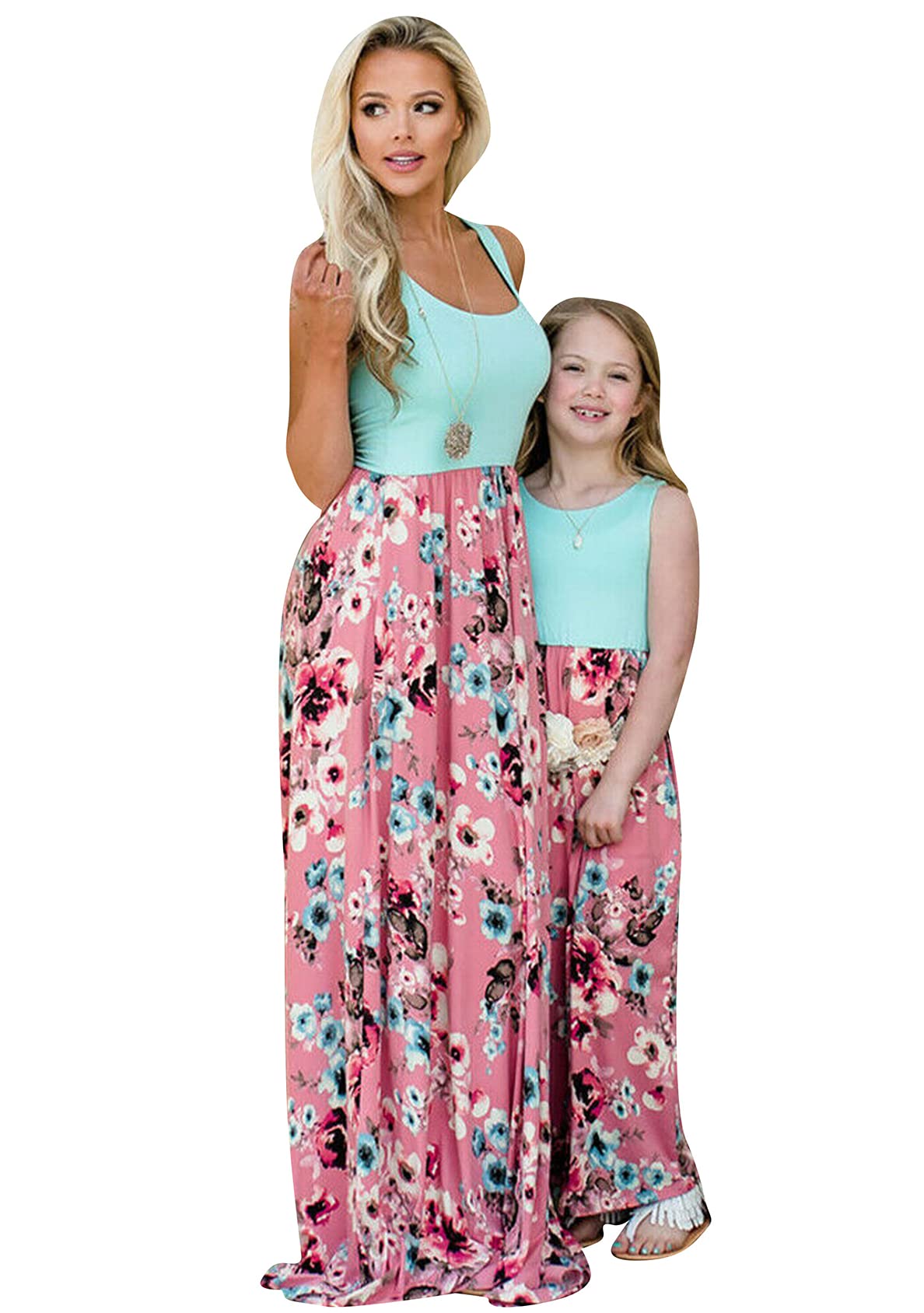 EFOFEI Vestidos De Ocio Ropa De Primavera para La Familia Vestidos para Madres e Hijos Vestido Floral para Mujeres y Niñas Flor Azul De 7 a 8 Años