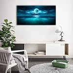 Tigeridge Moon Mer Mur Art Moonlit Ocean Mur Décor Bleu Seascape Nuit Ciel Canvas Photos Lune Brillante Lumière Mer Nature Paysage Peinture Imprimé pour Salon Chambre Décoration Murale 50X100CM