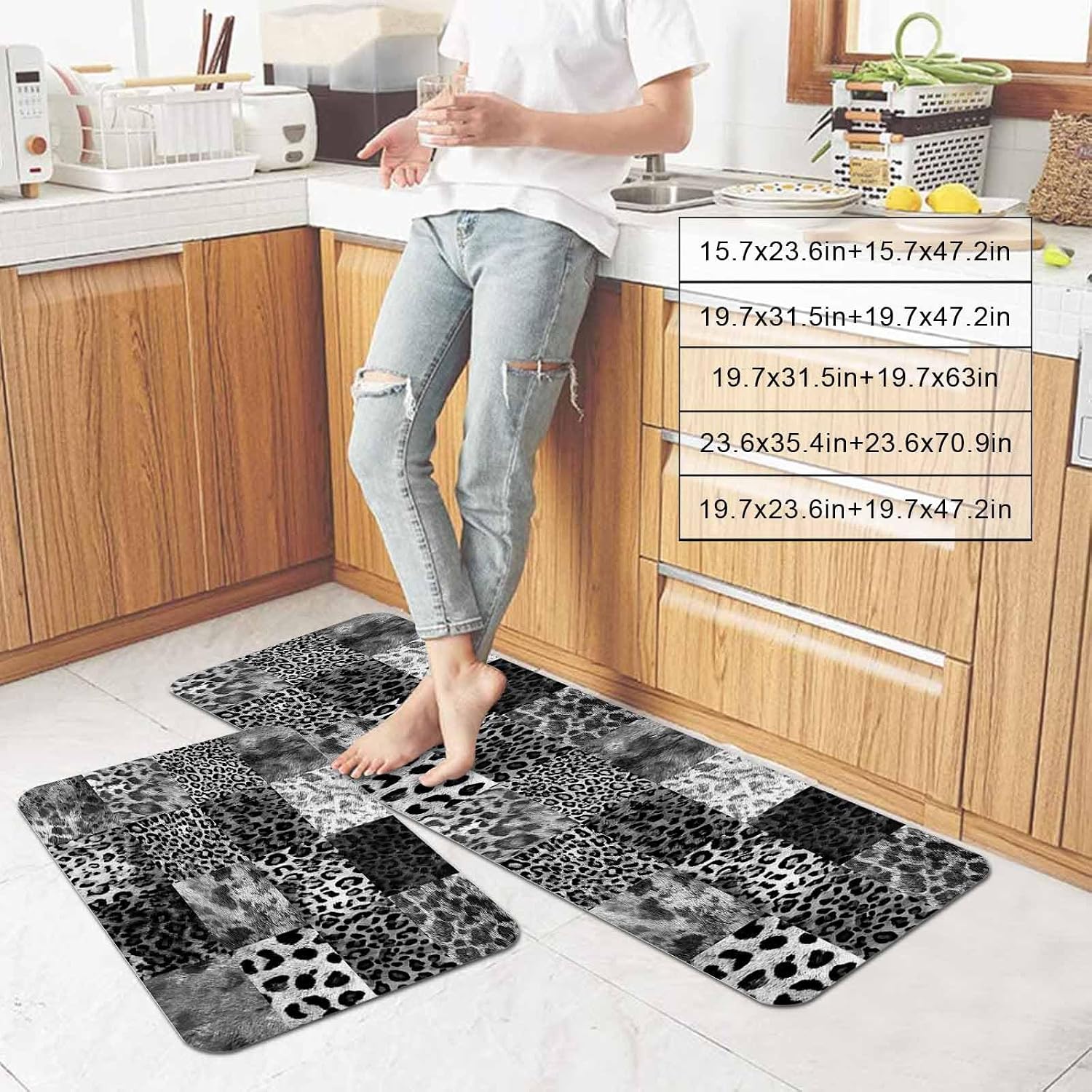 Vintage Black Leopard Kitchen Mats Set of 2 Animal Print Patchwork Style Art Painting Non Slip Mat Washable Floor Rug for Kitchen Sink Floor Laundry, 23.6"x35.4"+23.6"x70.9"