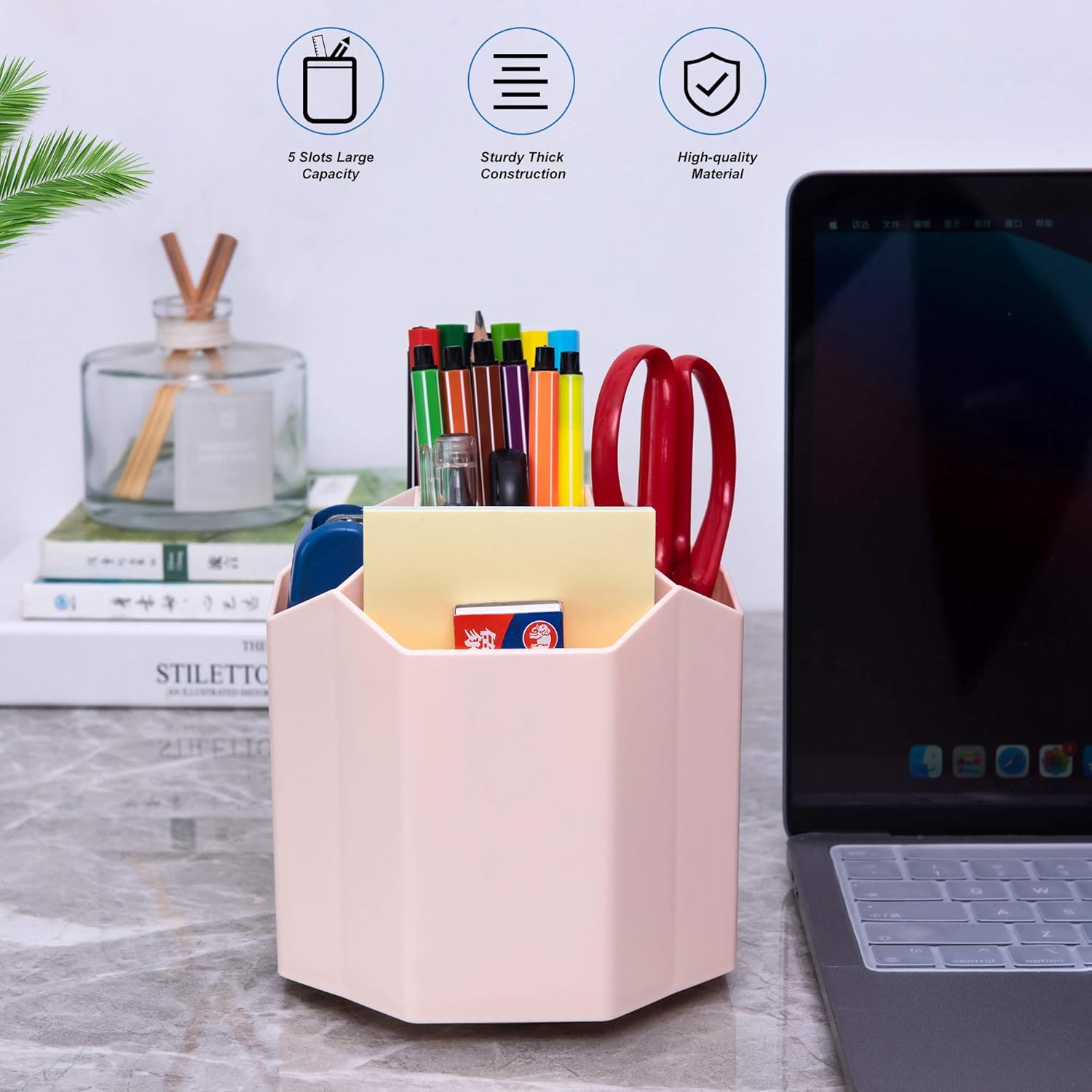 Siveit Pen Holder, 360° Rotating 5 Grid Pen Holder Stand Office Supplies Storage Organize for Desk Cute Pencil Cup Pot for Home, Office, Kids (Peach Pink) : Office Products