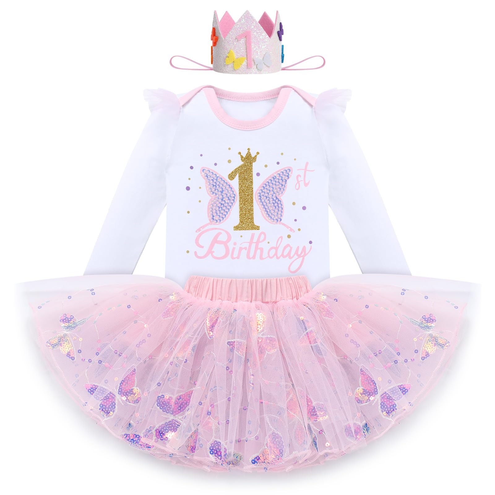 IDOPIP Butterfly 1st Birthday Outfit Baby Girl Sequin Butterfly Romper Tutu Skirt Headband Costume for Cake Smash Photo Shoot