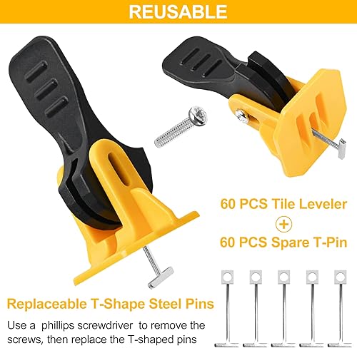 Miniatura 3 de Sistema de nivelación de azulejos Pro Tools Kit de espaciadores de azulejos, 60 compuestos de nivelación de suelo reutilizables, ajustables, se