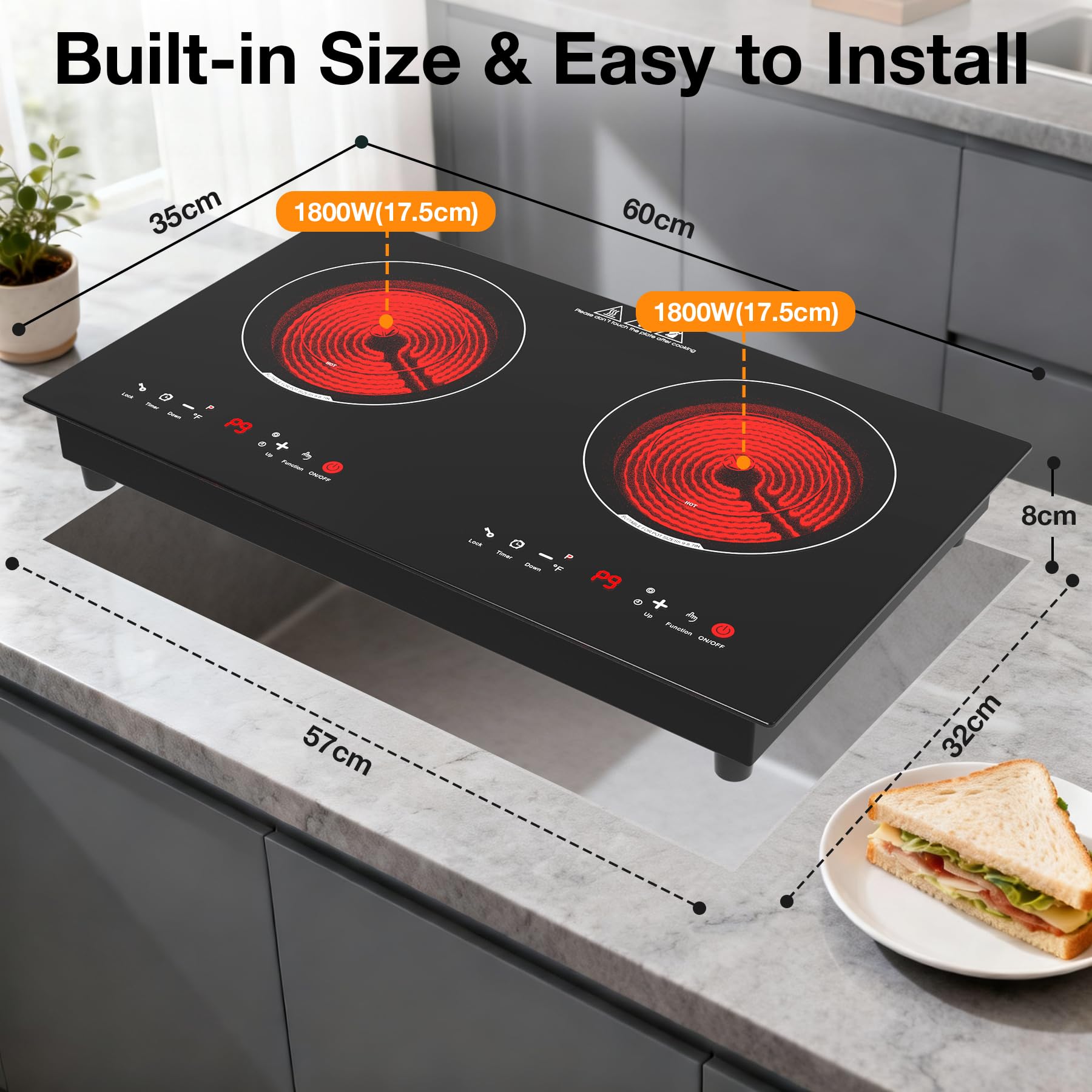 WABK Plaque Vitrocéramique 2 Feux 3600W, Plaque de Cuisson Électrique 60 cm | Encastrable ou à Poser, avec 9 Niveaux et Minuterie, Compatible Tous Récipients, pour Cuisine, Studio et Appartement