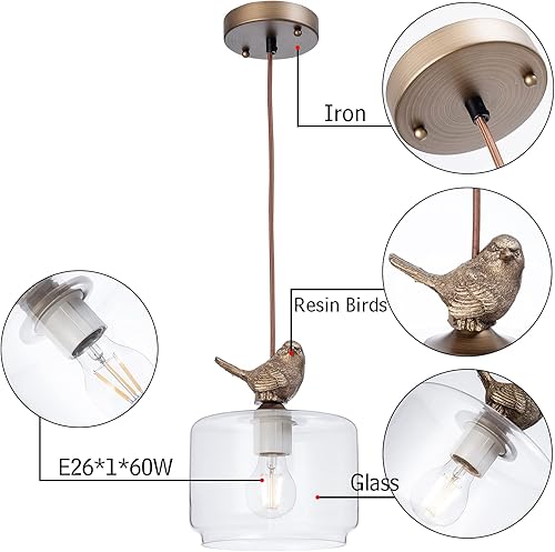 Miniatura 3 de Lámpara colgante de pájaro, luz colgante de cristal, luces colgantes de latón cepillado antiguo para cocina, isla, comedor, dormitorio