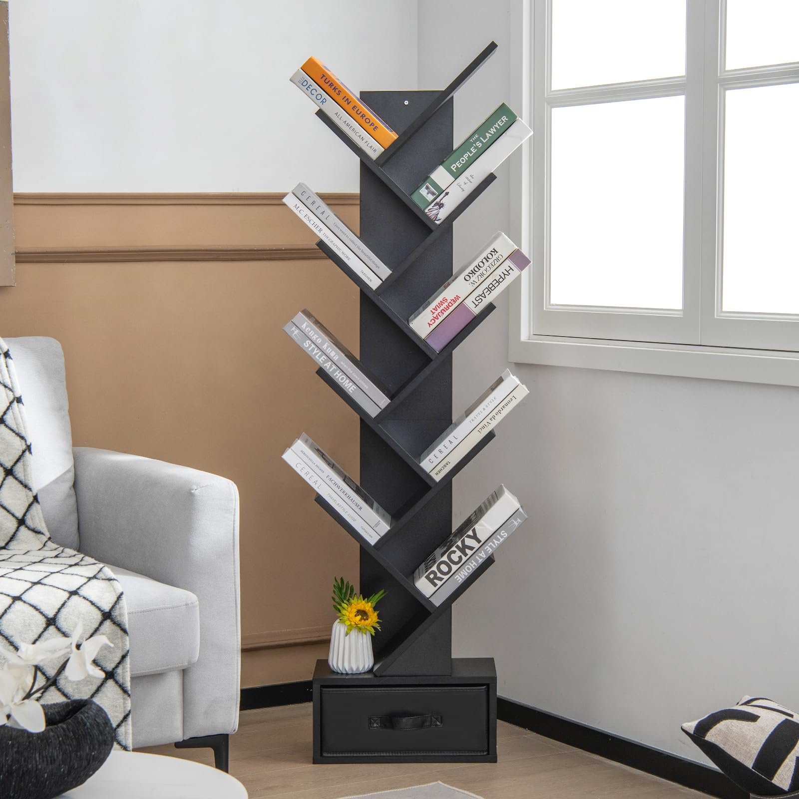 COSTWAY Libreria ad Albero in Legno, Scaffale a 10 Ripiani con Cassetto, Portaoggetti Autoportante per Soggiorno, Studio e Ufficio, 38 x 21,5 x 149,5 cm (Nero)