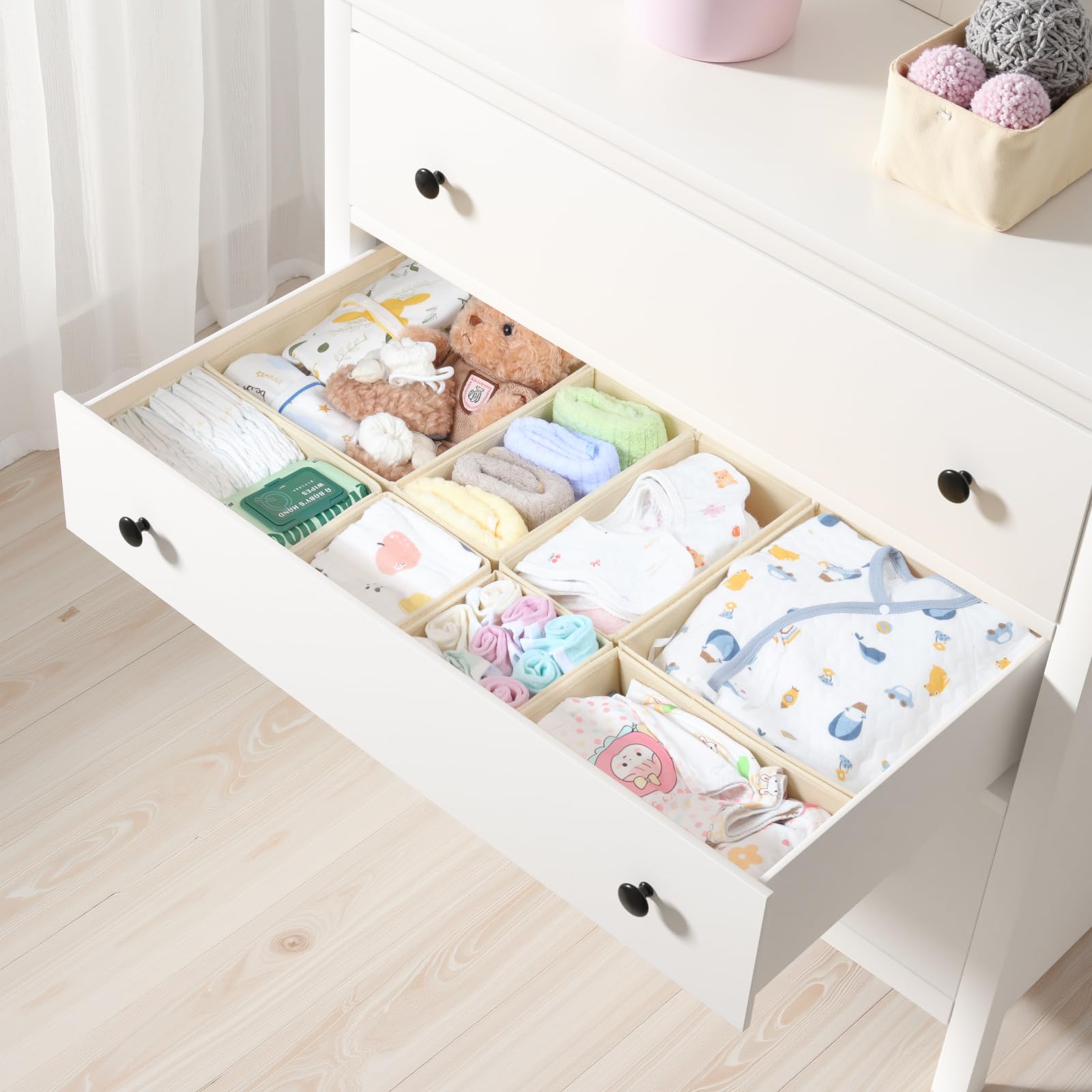 ORLISA Drawer Organizer Clothes-Dresser Organizer for Nursery-Compatible Baby Clothes Organizer and Storage & General Nursery Organization or Dresser Drawer Organizer Foldable Bins Beige