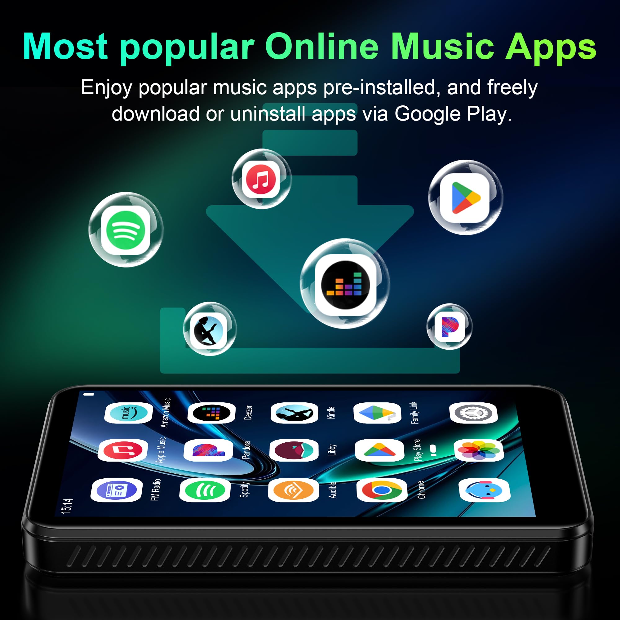 SWOFY D08 Android 13 MP3 Player 32GB, 4 Zoll Touchscreen mit Bluetooth & WiFi, Unterstützt Spotify, Audible, Play Store & FM Radio, Erweiterbar bis 1TB, für Unterwegs
