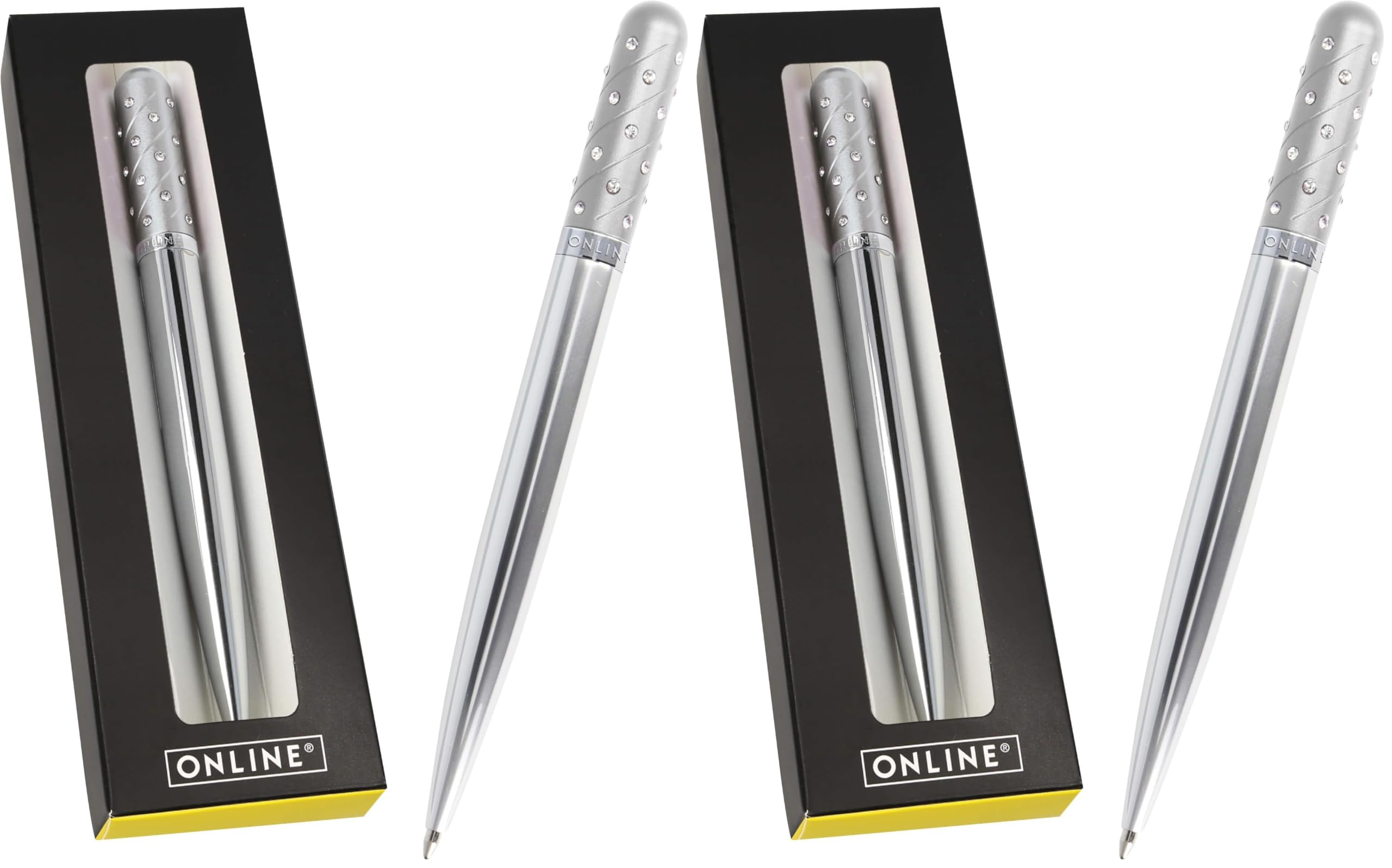 Online Crystal Pen Kugelschreiber Silver I mit funkelnden Strass-Steinen in Silber, eleganter Stift in Geschenkbox, mit internationale Großraummine, schwarzschreibend, Geschenkidee (Packung mit 2)