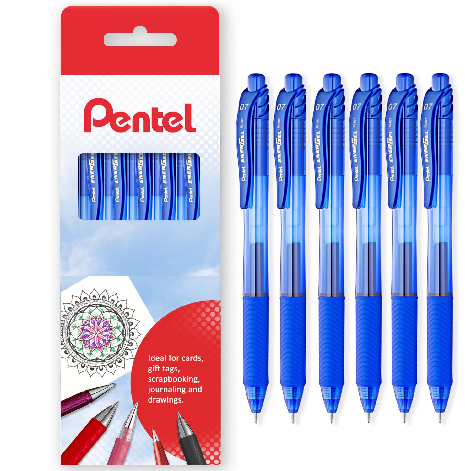 Pentel Energel X BL107 Retractable Gel Rollerball Pens - 0.7mm Nib - Pack of 6 in Envelope Gift Packaging (Blue)