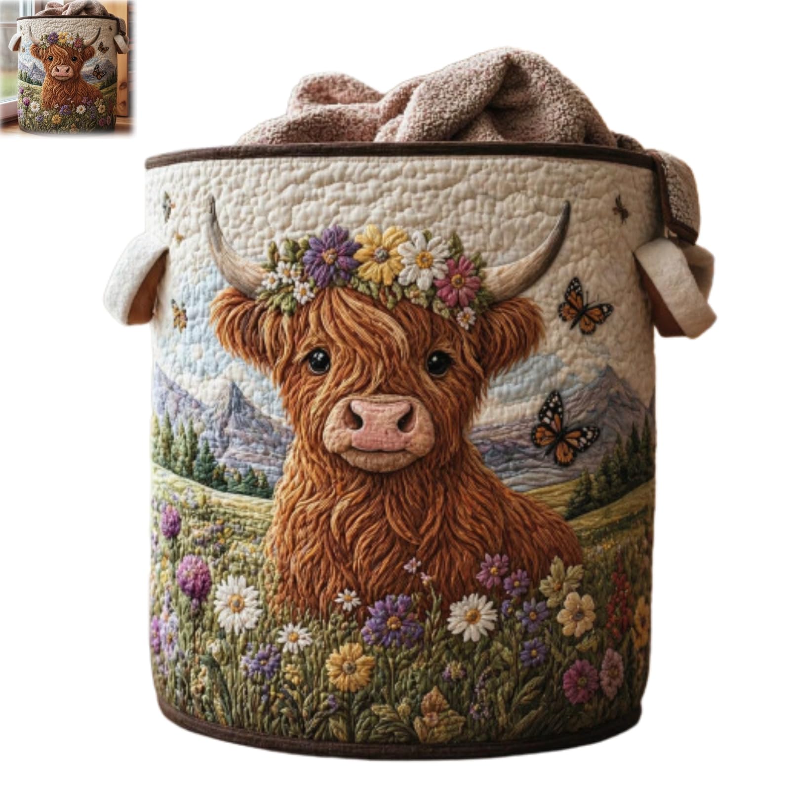Highland Cow Garden Charm Storage Basket,Quilted Large Capacity Laundry Basket with Handles,Cute Rustic Farmhouse Home Organization Basket for Home Bathroom Bedroom (A, S)