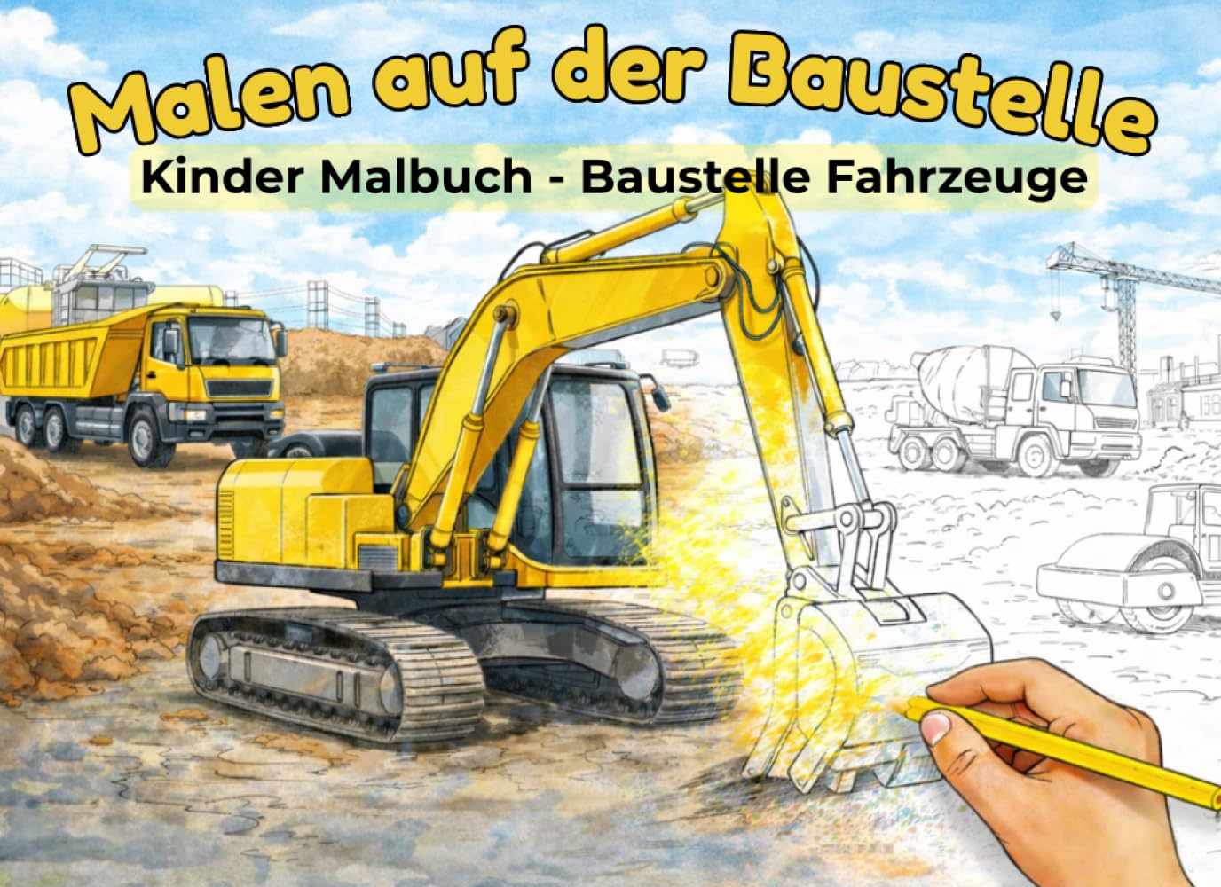BAGGER MALBUCH - Mal auf der Baustelle: Kinder Malbuch mit echten Baustellenfahrzeugen | Mit Bagger, Radlader, Kran & Kipplaster