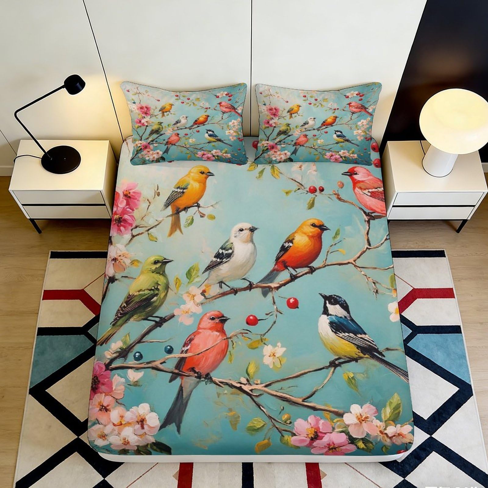 3D Printed Colorful Birds Fitted Sheet Microfiber Soft Floral Branch Mattress Cover for Bedroom Dorm Decor 90x200x25cm