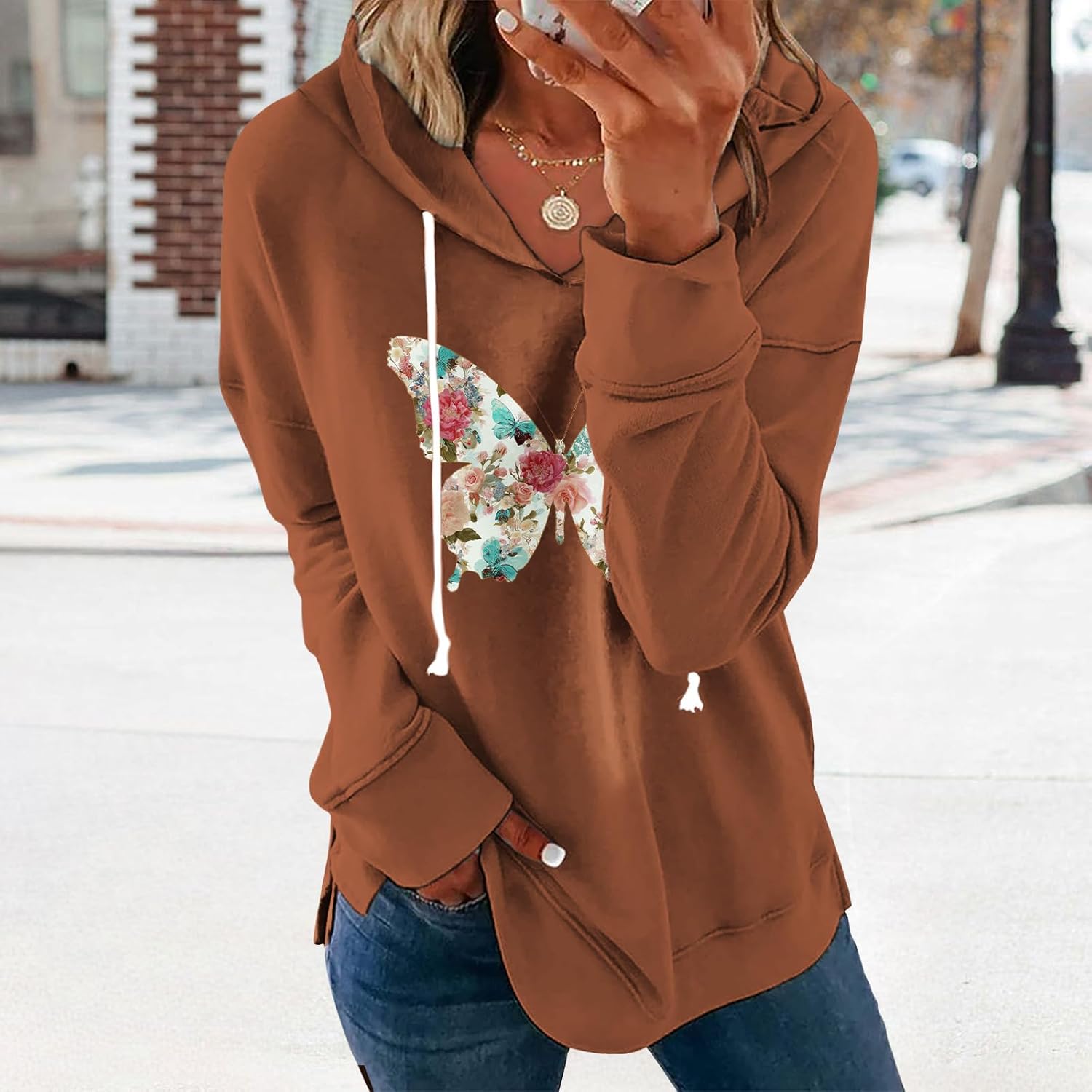 Women's Brown Mandala Print Hoodie Long Sleeve Loose Fit Tunic Top with Drawstring Side Split for Fall Winter - Image 2