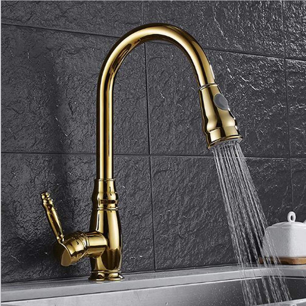ZYCHSJXA Kitchen Faucets Pull Out Spout Chrome∕Golden∕Nickel∕Black Brass Single Handle Hole Tap Swivel Mixer Taps,Golden