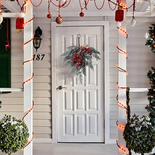 Miniatura 3 de Guirnalda de ramas de pino artificial de Navidad, guirnalda de lágrima flocada nevada con cono de pino, bayas rojas y verdes, guirnalda de Navidad