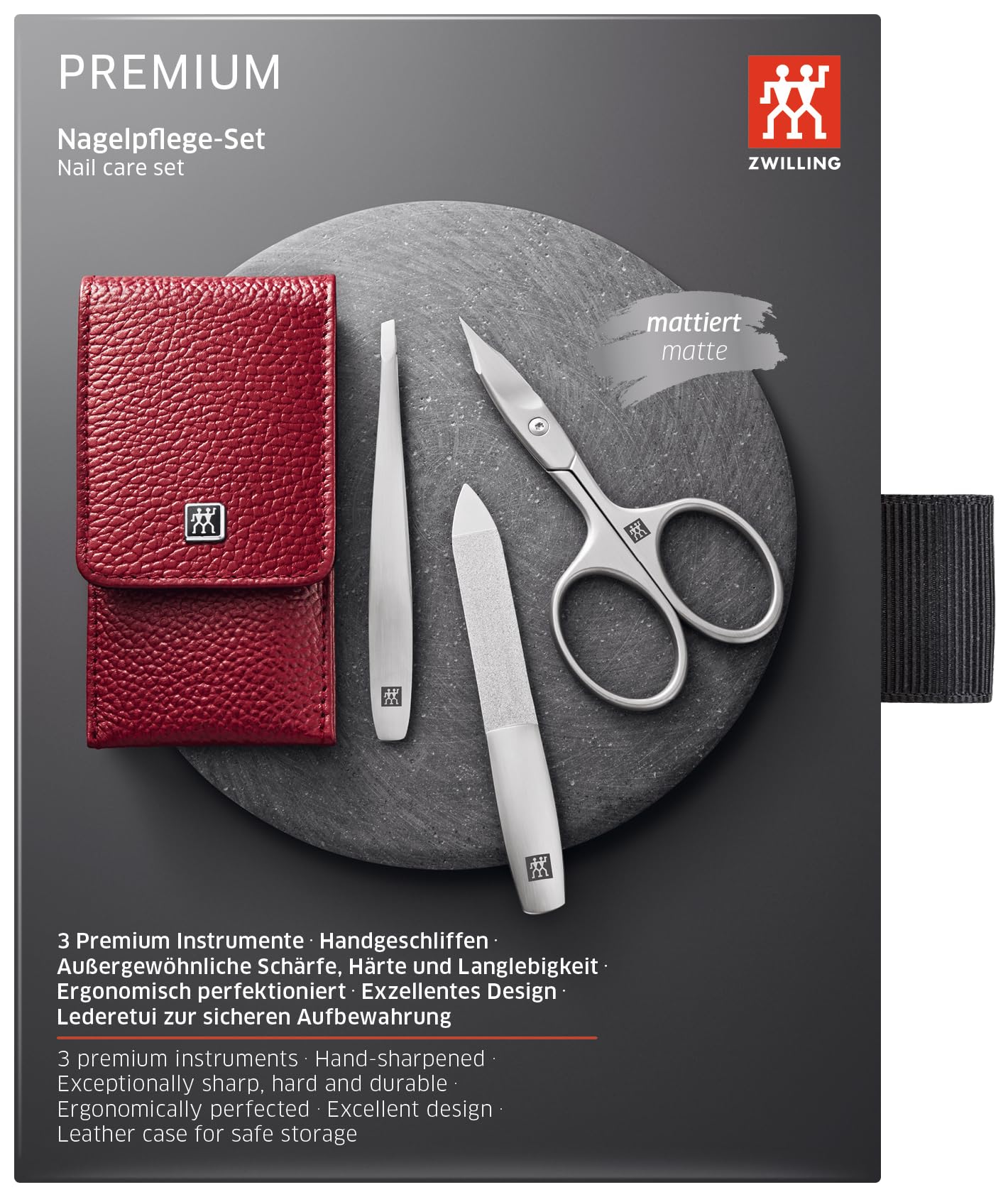 ZWILLING Maniküre-Set (3 teilig, Nagelpflege und Pediküre, Echtleder Etui, präzise, mit Kombi-Nagelschere), Premium, Rot