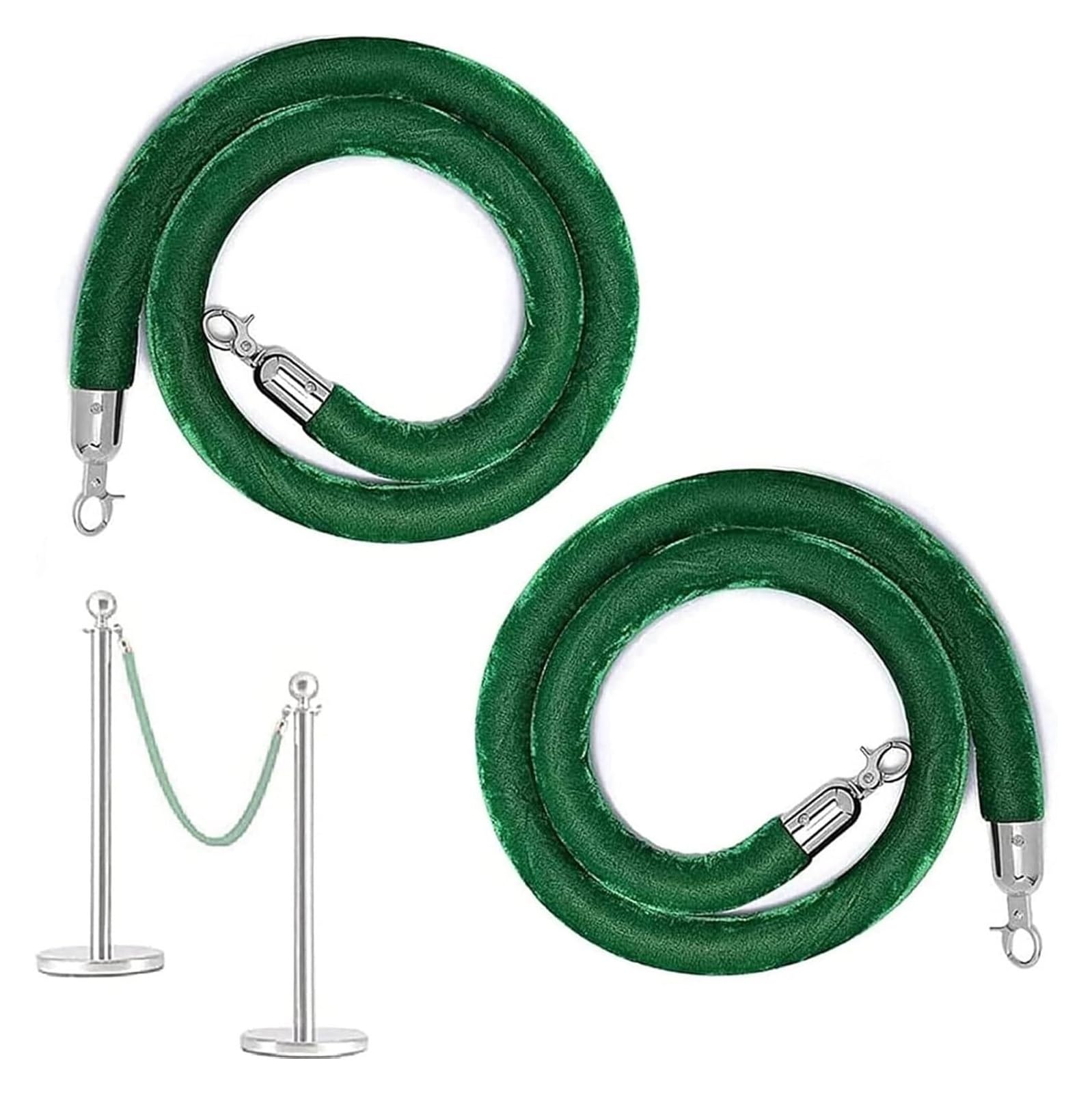 WOTZOV Green Velvet Rope With Silver Carabiners - 1.2M Crowd Control Stanchions For Events, Openings, Clubs, Hotels, Banks - 2 Pack Safety Barrier For Crowd Management,Grün 7ft/215cm