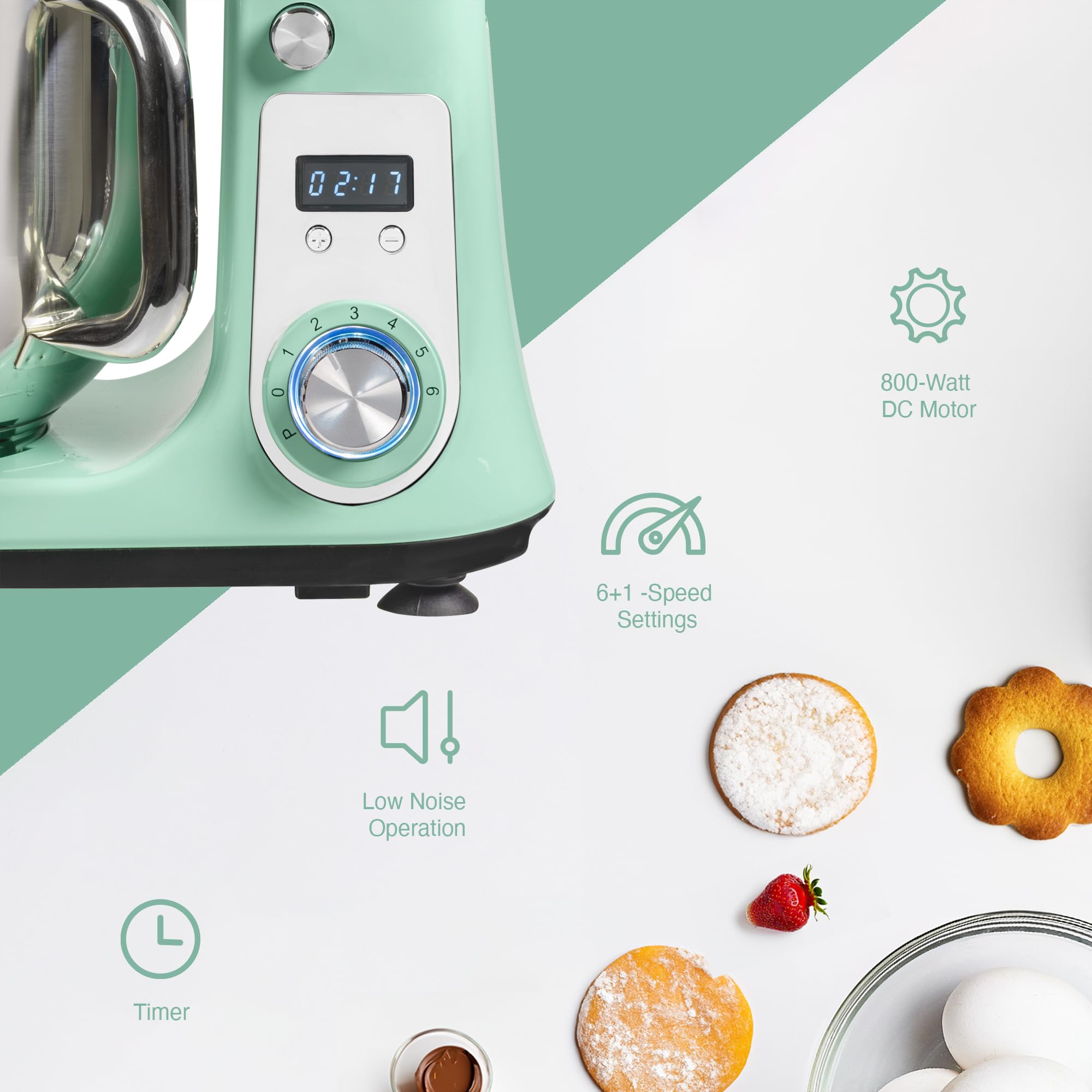 Bestron Robot Patissier, Robot pâtissier super silencieux (65 dB), Robot de cuisine 4-en-1, bol de 6 litres, inclus crochet pétrisseur, fouet et batteur plat, 6 vitesses + fonction Pulse, Vert