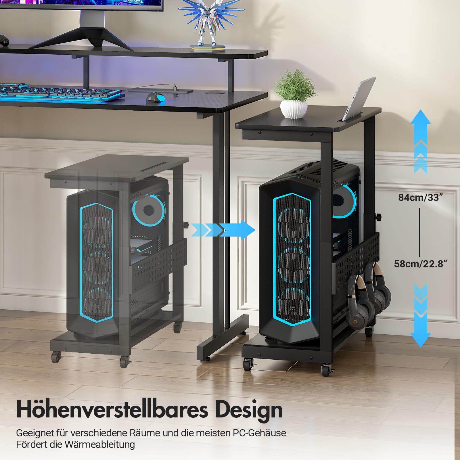 Höhenverstellbarer Computer Tower Ständer, PC Ständer mit Rollen & Schlitz & Haken, 2 Schicht Computer Stand, PC Rollwagen, Druckerständer, CPU Stand für Heimbüro, Schreibtisch, Computertisch, Schwarz
