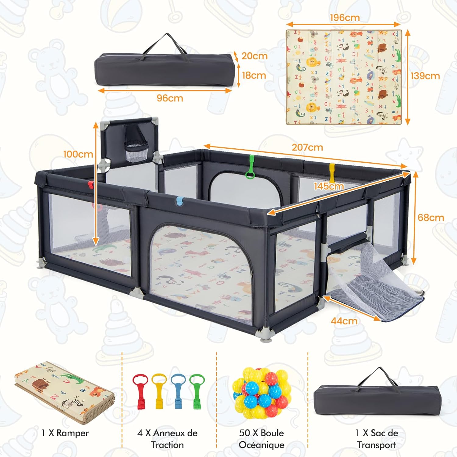 Експлодирао view of the playpen showing all components including the frame, fabric cover, play mat, pull rings, ocean balls, and carry bag, along with dimensions.
