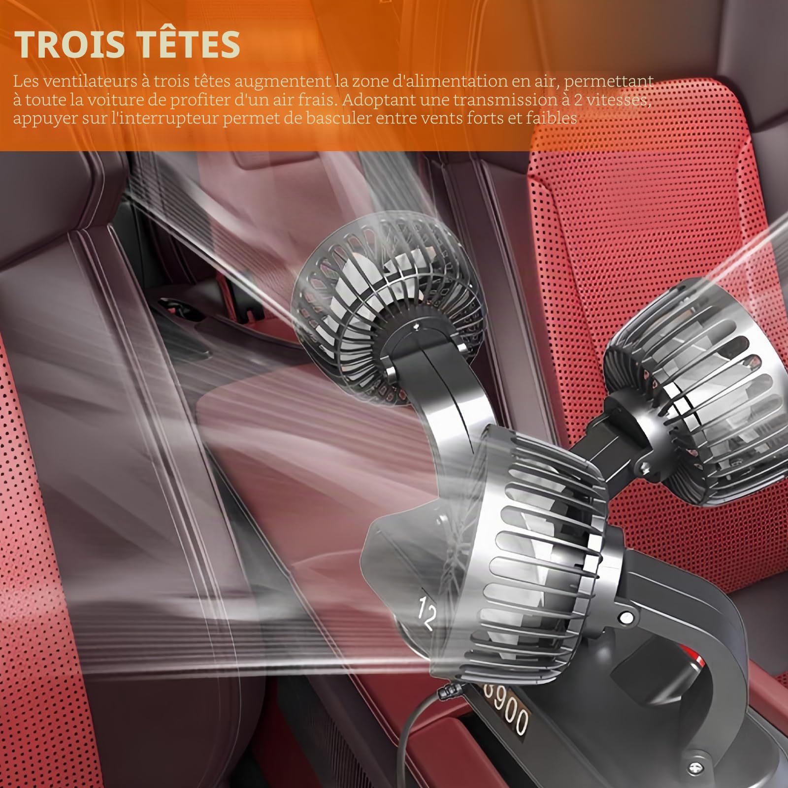 Ventilateur de voiture 12 V/24 V - 3 têtes - Pour siège arrière - Rotation à 360 ° - Avec 2 vitesses - Pour camion, camionnette, SUV, camping-car, bateau