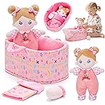 OUOZZZ 10 Soft Baby Doll Set with Plush Doll, Bassinet, Blanket and Bottle, Baby Doll Accessories Pretend Playset Emotional Social Doll for 2 Year Olds Girls Christmas Birthday Gift
