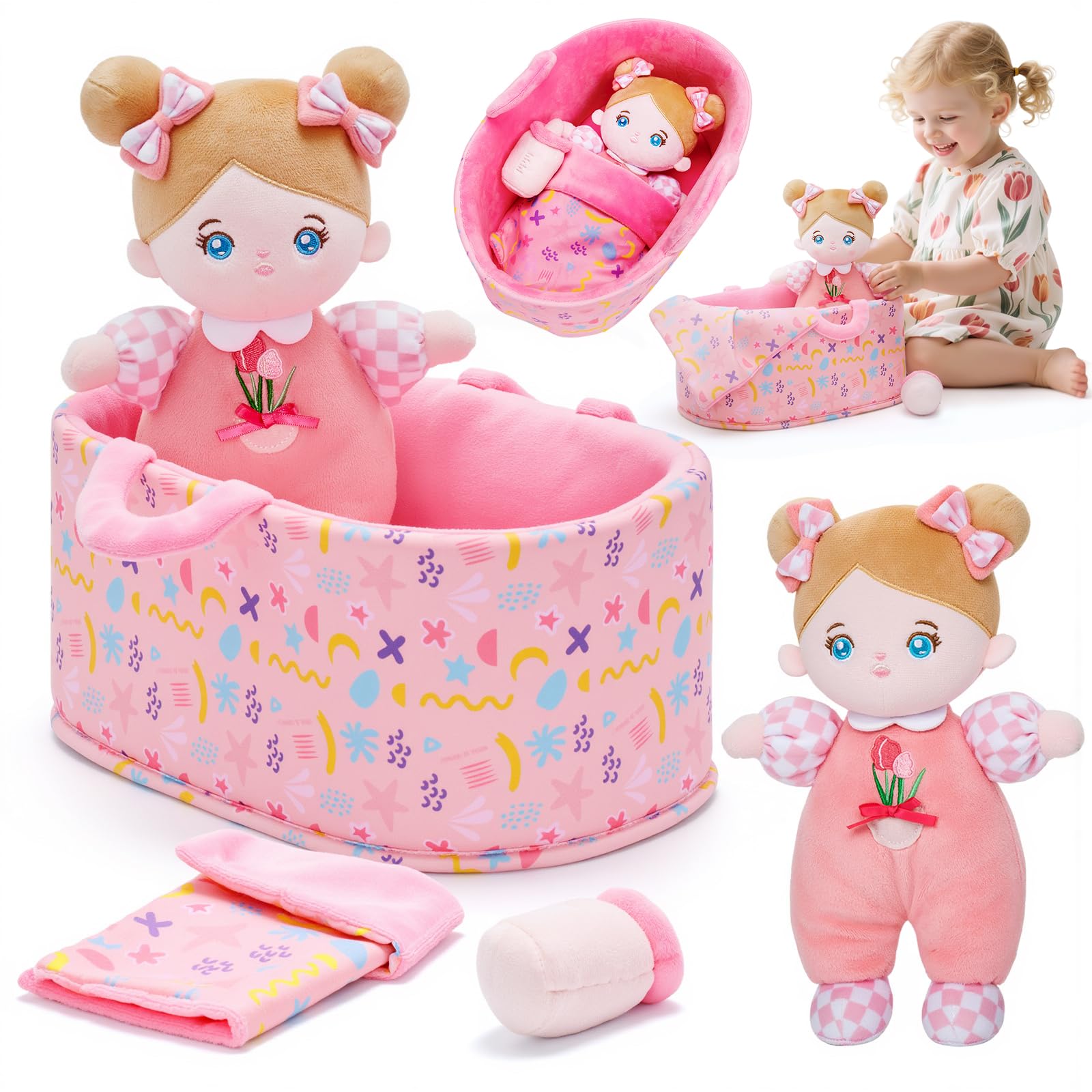 OUOZZZ 10" Soft Baby Doll Set with Plush Doll, Bassinet, Blanket and Bottle, Baby Doll Accessories Pretend Playset Emotional Social Doll for 2 Year Olds Girls Valentine Birthday Gift