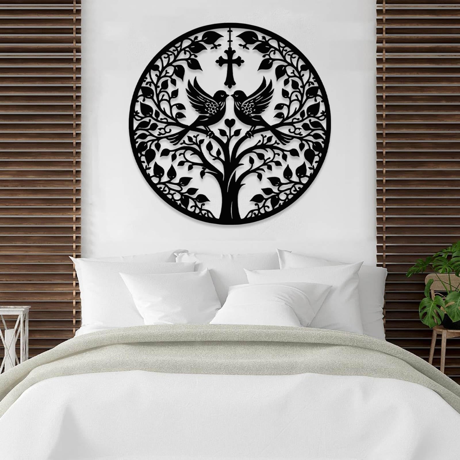 Nowoczesna minimalistyczna metalowa dekoracja ścienna drzewo życia, chrześcijański krzyż sztuka z ptakami, gałęzie Jezusa, wisiorek (srebrny, 60 x 60 cm)