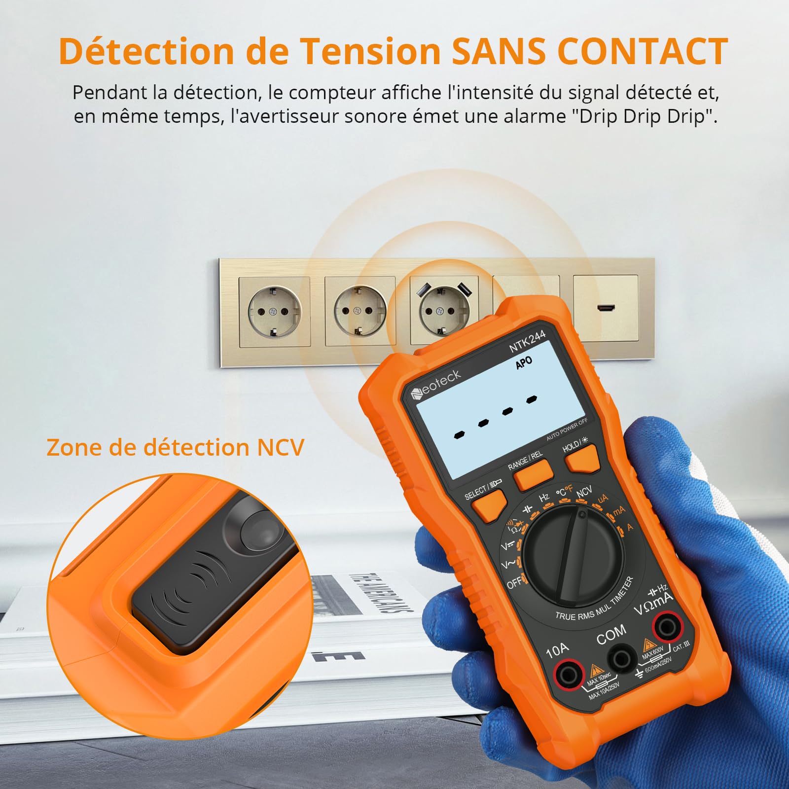 Neoteck Multimètre Numérique 6000 Comptes Testeur Électrique 600V 10A AC DC Courant Tension Résistance Capacité NCV Fréquence Température avec Pince Crocodile
