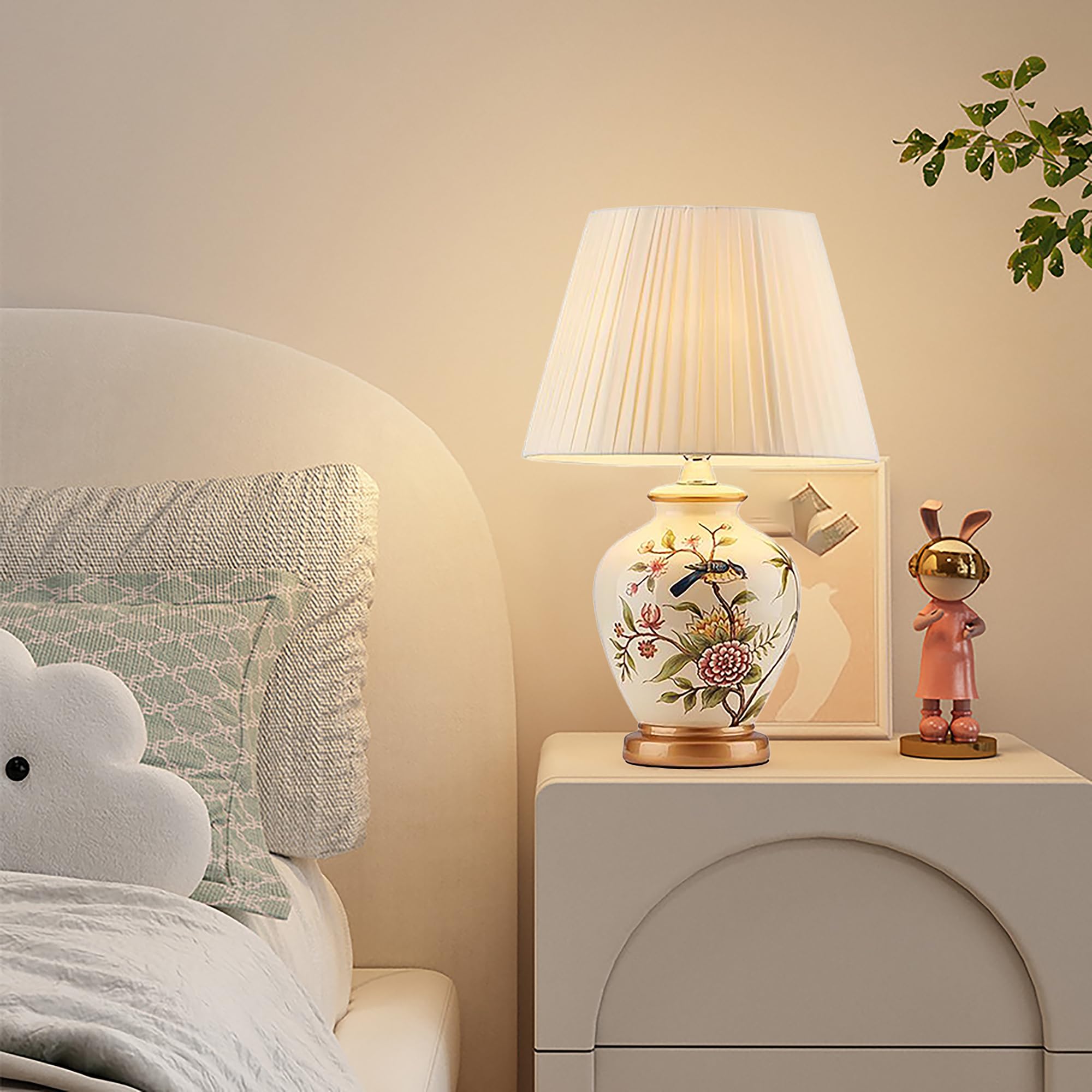 XINYASEE Lampada da tavolo in ceramica dipinta,Lampada da comodino vintage con paralume in tessuto,Testa di lampada E27,Lampada Da Scrivania Per la Casa Per Camera Da Letto, Soggiorno (Bianco)