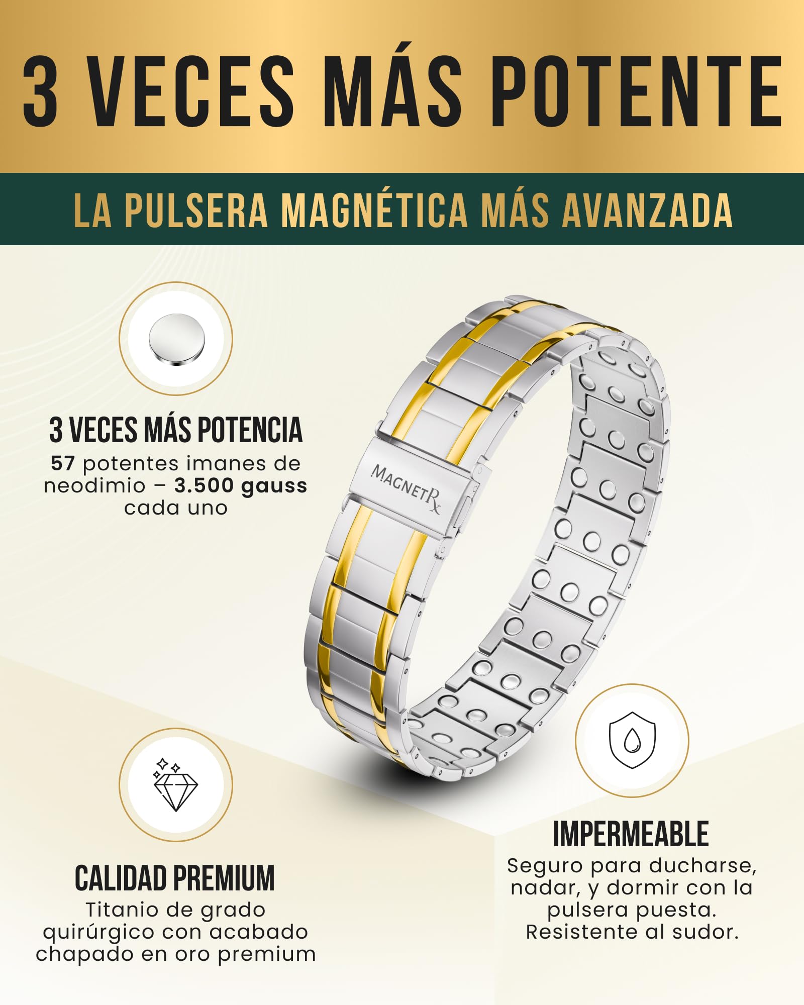 MagnetRX® Pulsera magnética de titanio 3X Fuerza – Pulseras magnéticas para hombre – Cierre plegable premium y longitud ajustable con herramienta de tamaño(Oro plateado)