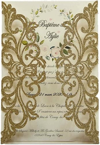 25 tarjetas de invitaciones de boda con purpurina dorada champán cortadas con sobres, hojas interiores en blanco, cintas para boda, despedida de