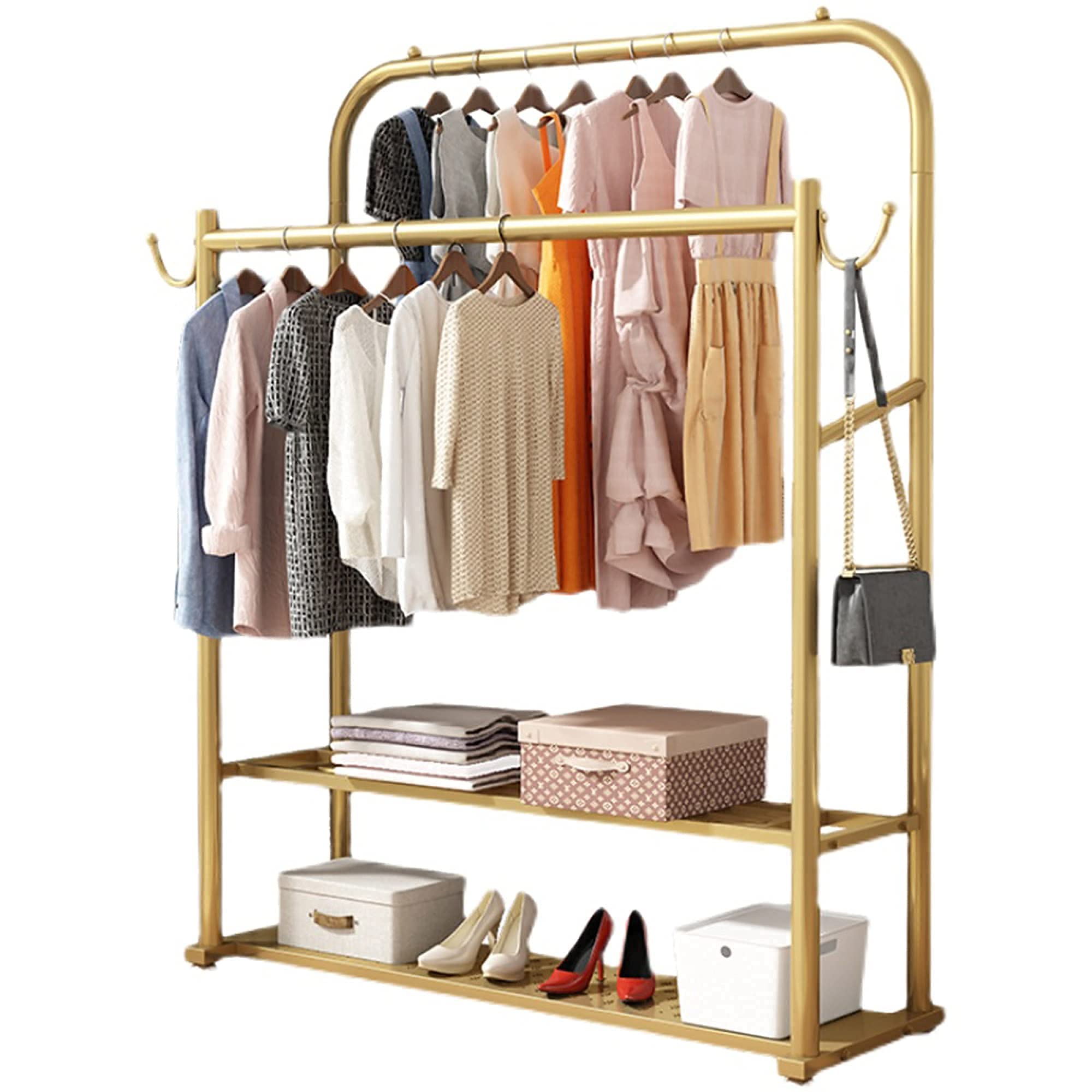 Strapazierfähige Kleiderstange, Kleiderständer, zweispuriger Kleiderständer, mit doppellagigen Blättern und abnehmbaren Haken, multifunktionaler Kleiderständer,Golden,100 cm,Golden,120 cm