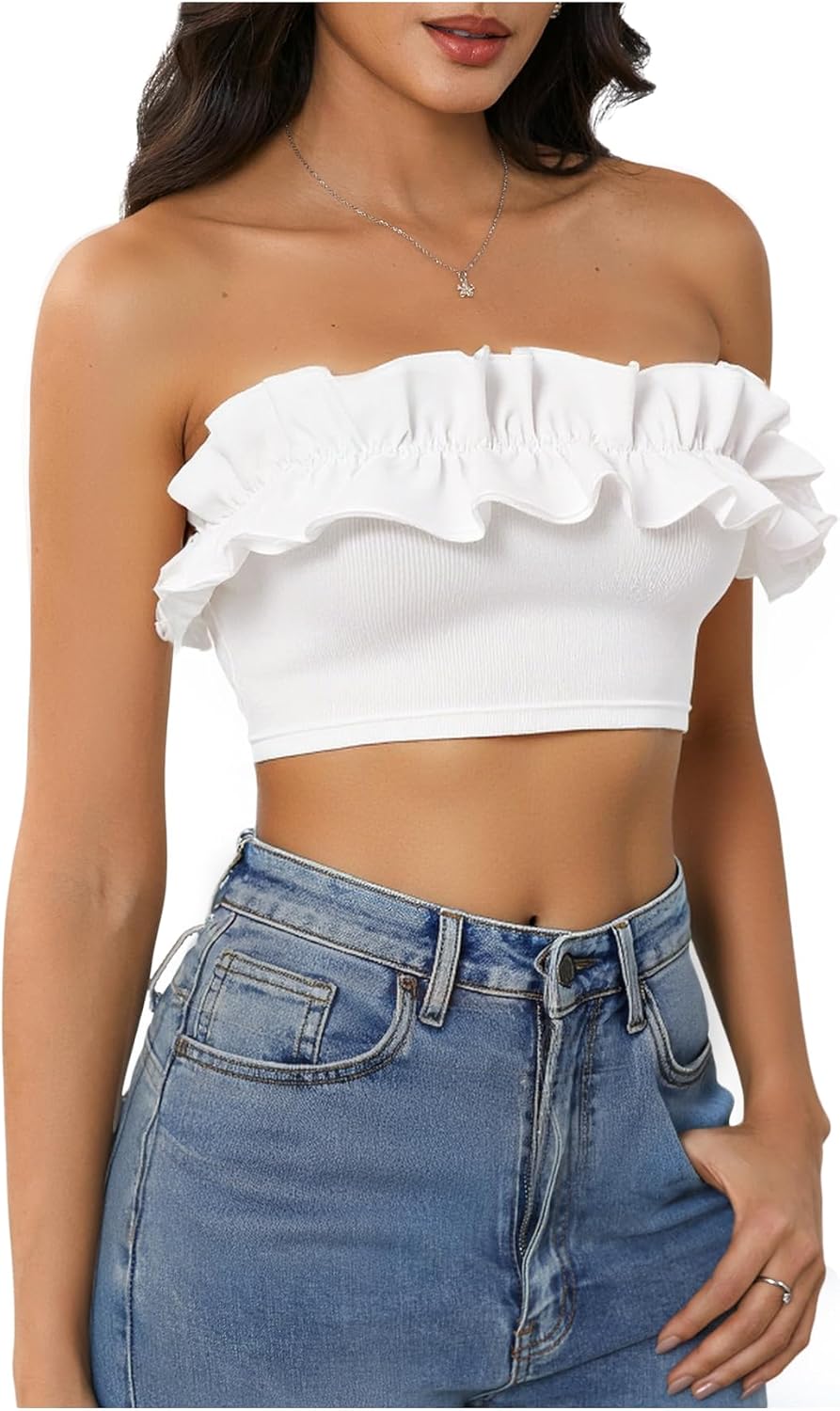 Women's Ruffle Trim Strapless Crop Tube Top Y2k Party Club Bandeau Tops