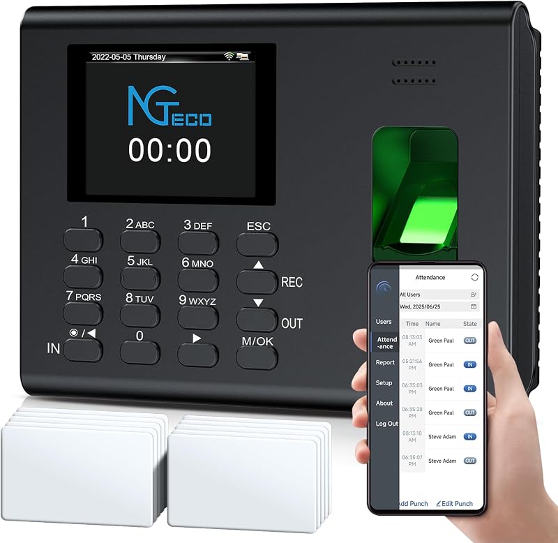 Reloj de la APLICACIÓN NGTeco para pequeñas empresas, modo 3 en 1, batería de 2000 mAh | Reloj del empleado con huella digital, RFID, registro de PIN, gestión flexible de turnos, WiFi 2.4G, 10 tarjetas, sin tarifa mensual