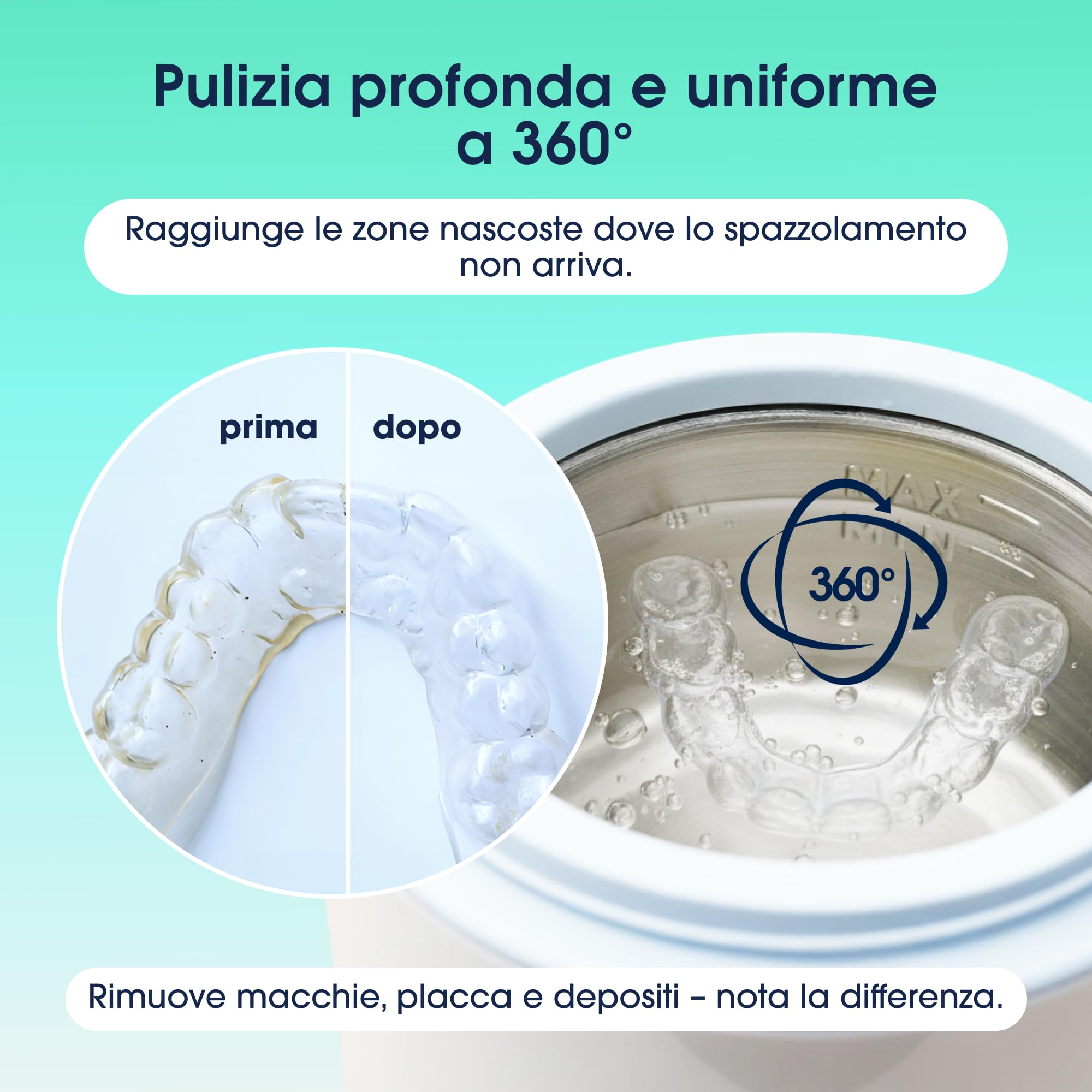 ZENT Pulitore ultrasuoni compatto 200ml, Vasca ultrasuoni per apparecchi allineatori ortodontici gioielli, invisalign pulizia - Tecnologia di pulizia a 360°, Ideale per viaggio, Prodotto medico