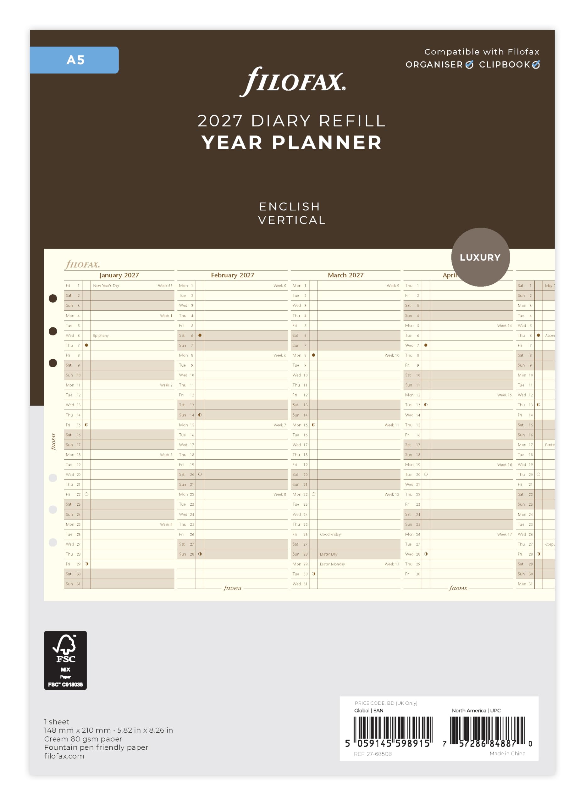 Filofax A5 Vertical Year Planner 2027 cotton cream