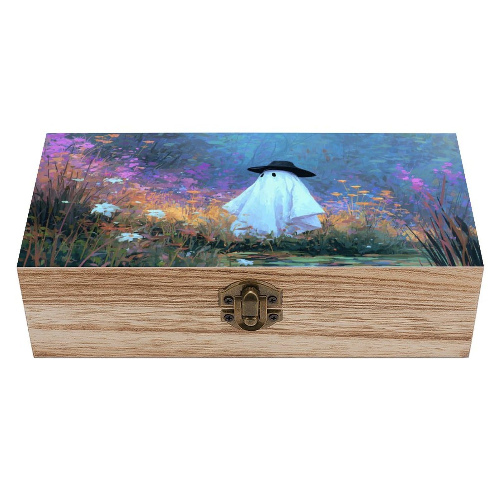 Ahdyr As Pic Cute Ghost Black Hat Wildflowers Wooden Storage Box With Hinged Lid And Front Clasp Large Keepsake Box